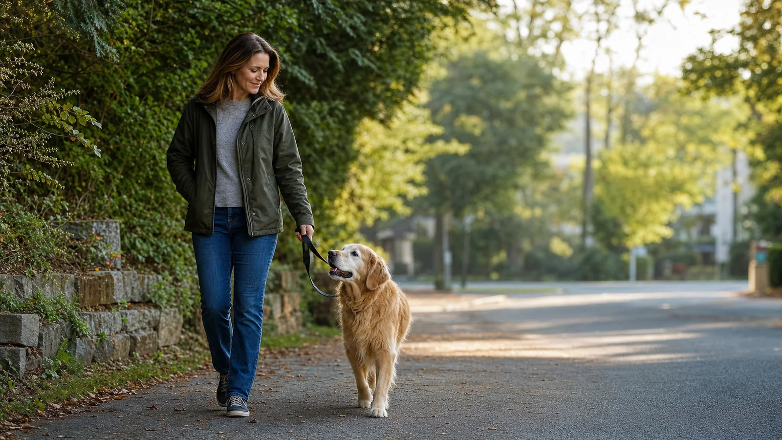 A senior golden retriever walking beside its owner on a quiet neighborhood path